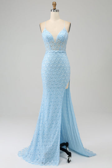 Glitter Sky Blue Spaghetti Straps Mermaid Prom Dress with Slit